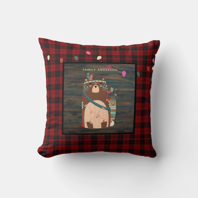 Kids Personalized Xmas Tribal Bear Buffalo Plaid Throw Pillow (Front)