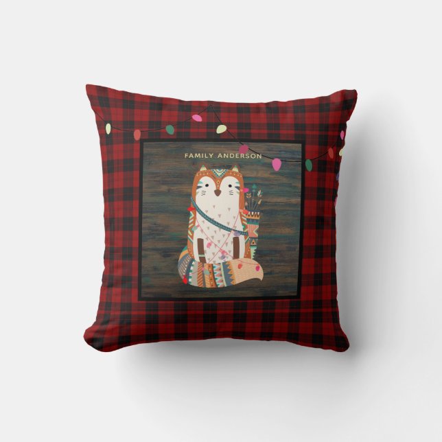 Kids Personalized Xmas Tribal FOX Buffalo Plaid Throw Pillow (Front)