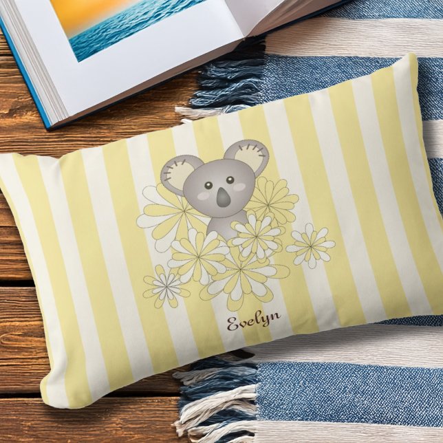 Kids Personalized Yellow Stripe Baby Koala Bear Outdoor Pillow (Creator Uploaded)
