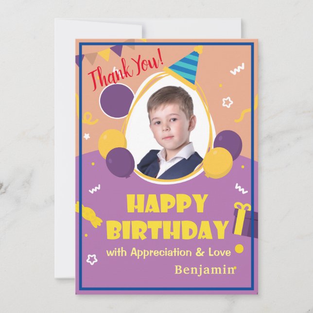 Kids Photo Balloons Happy  Birthday Personalize Thank You Card (Front)