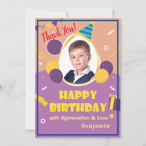 Kids Photo Balloons Happy  Birthday Personalize Thank You Card