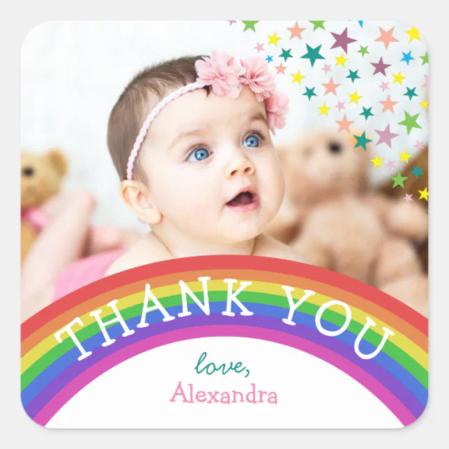 Kids Photo Birthday Thank You Square Sticker | Zazzle