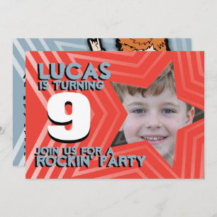 Kids photo boys 9th birthday party red blue invite