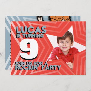Kids photo boys 9th birthday party red blue invite