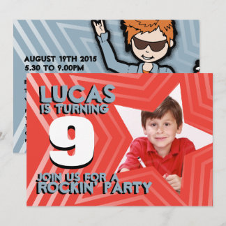 Kids photo boys 9th birthday party red blue invite