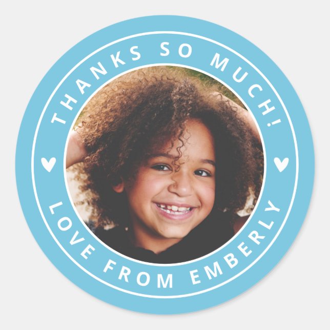 Kids Photo Cute Hearts Birthday Favor Label Blue (Front)