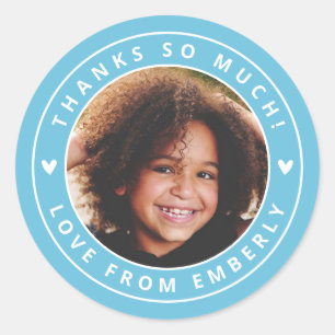 Kids Photo Cute Hearts Birthday Favor Label Blue