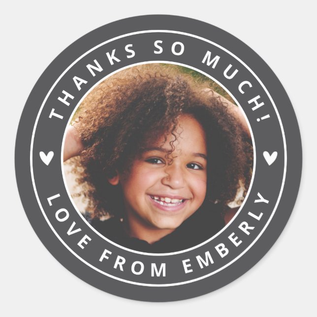 Kids Photo Cute Hearts Birthday Favor Label Gray (Front)