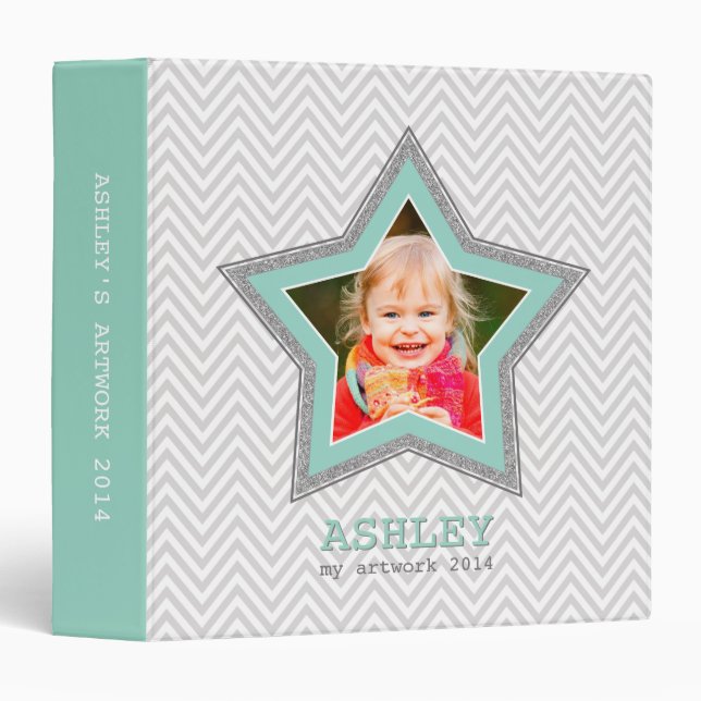 KIDS PHOTO gray chevron pattern star frame mint Binder (Front/Spine)