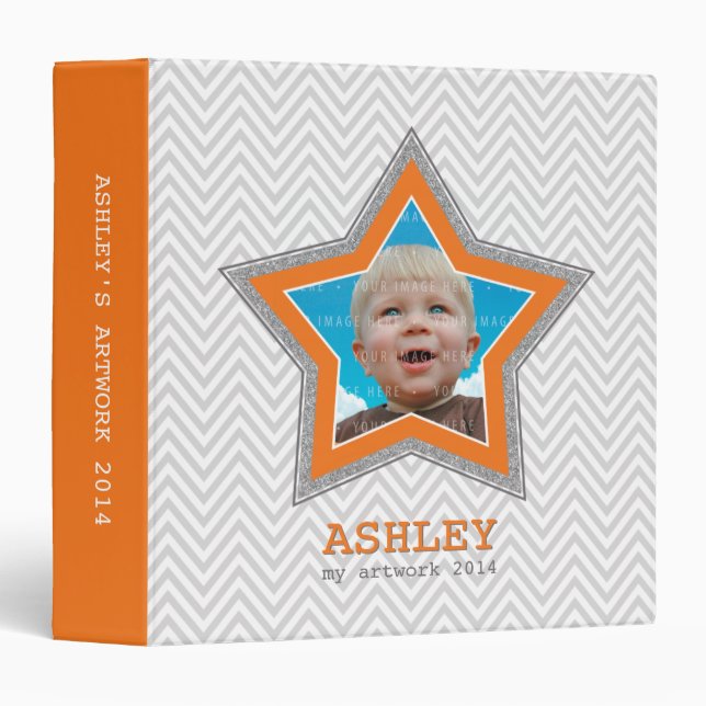 KIDS PHOTO gray chevron pattern star frame orange Binder (Front/Spine)
