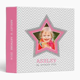 KIDS PHOTO gray chevron pattern star frame pink 3 Ring Binder