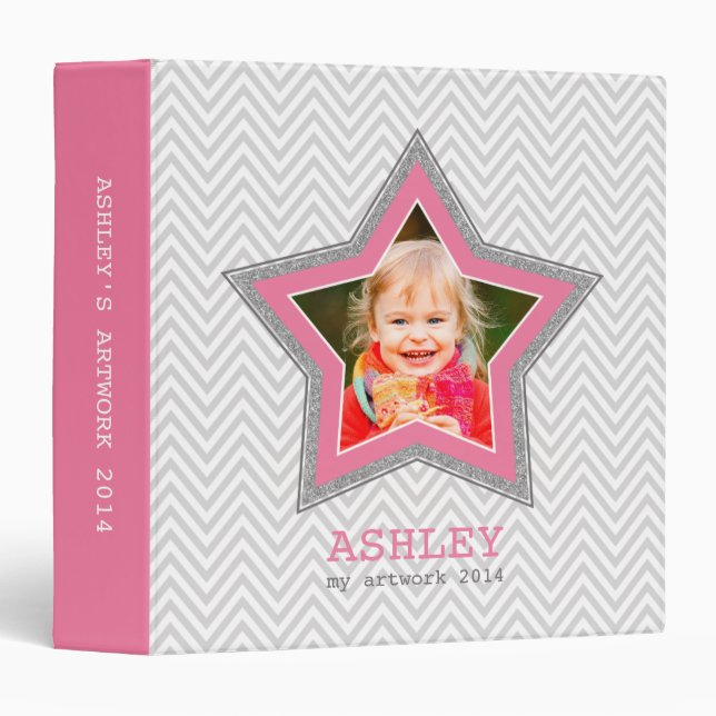 KIDS PHOTO gray chevron pattern star frame pink 3 Ring Binder (Front/Spine)