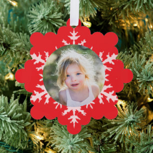 Kids Photo Keepsake Cute Snowflake Red Holiday Ornament Card