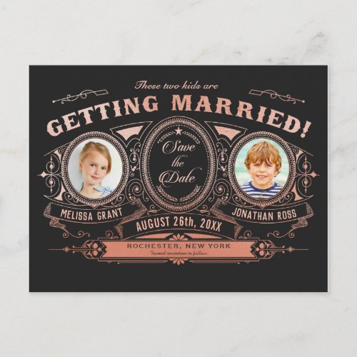 Kids Photo Save the Date Postcards Rose Gold Foil