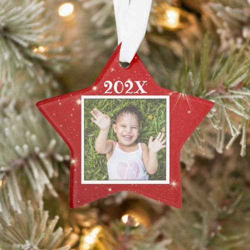 Kids Photo Twinkling Stars Red Christmas Ornament