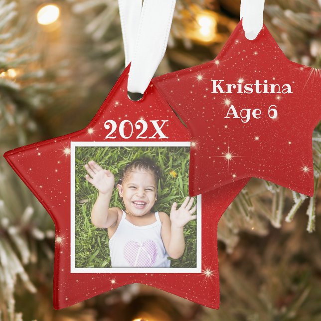 Kids Photo Twinkling Stars Red Christmas Ornament (Creator Uploaded)