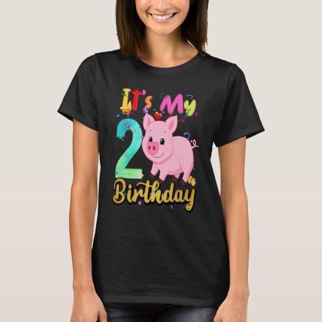 Kids Pig 2th Birthday 2 Years Old Pig Birthday T-Shirt (Front)
