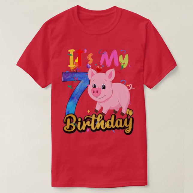 Kids Pig 7th Birthday 7 Years Old Pig Birthday Pre T-Shirt (Design Front)