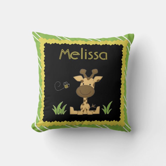Kids Pillow, Giraffe & Bee, Green/Yellow w Name Throw Pillow (Front)