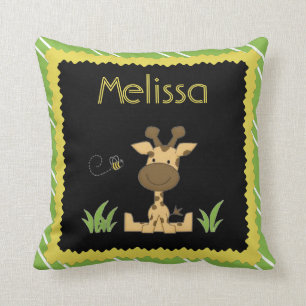 Kids Pillow, Giraffe & Bee, Green/Yellow w Name Throw Pillow