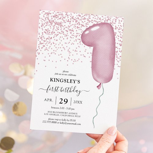 Kids Pink 1st Balloon Birthday Invitation