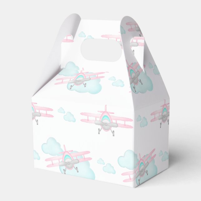 Kids Pink Airplane Flying Aviation Birthday Favor Boxes (Front Side)