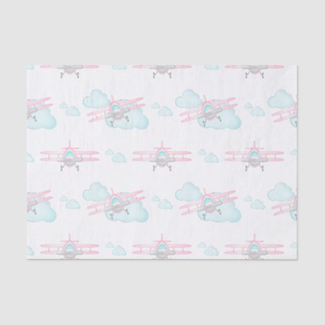 Kids Pink Airplane Flying Aviation Birthday Tissue Paper (Front)