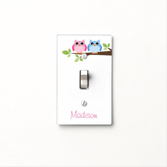 Kids Pink and Blue Owl Personalized Light Switch Cover (In Situ)
