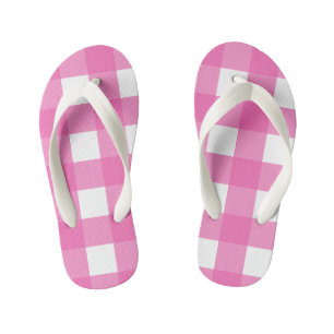 Kids Pink and White Buffalo Check Flip Flops