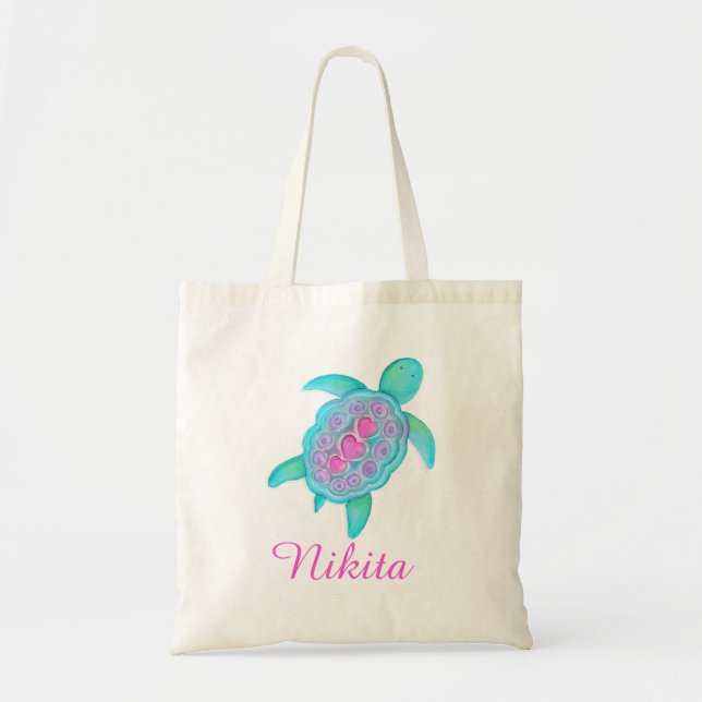 Kids Pink Aqua turtle hearts library bag (Front)