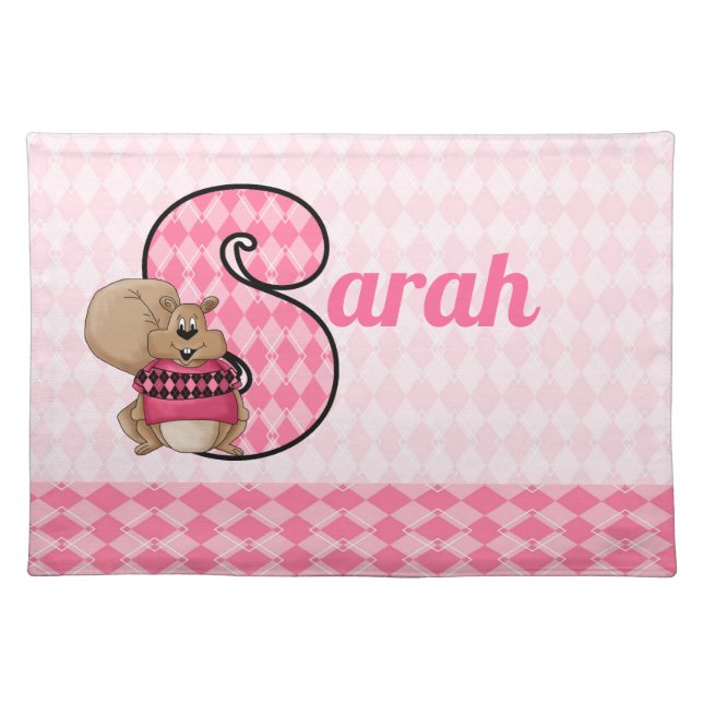 Kids Pink Argyle Monogram S with Name Placemat (Front)