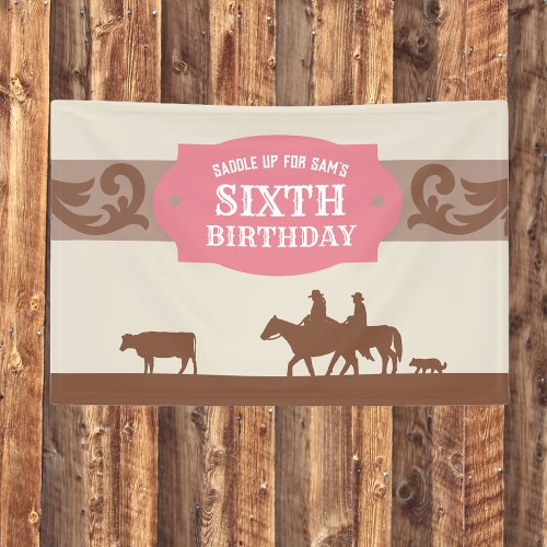 Kids PinkBrown Western Theme Birthday Party Banner