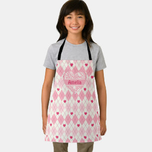 Kids Pink Checkered Custom Apron, Cook Bake BBQ Apron