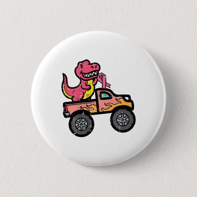 Kids Pink Dino Monster Truck Breast Cancer Awarene Button (Front)