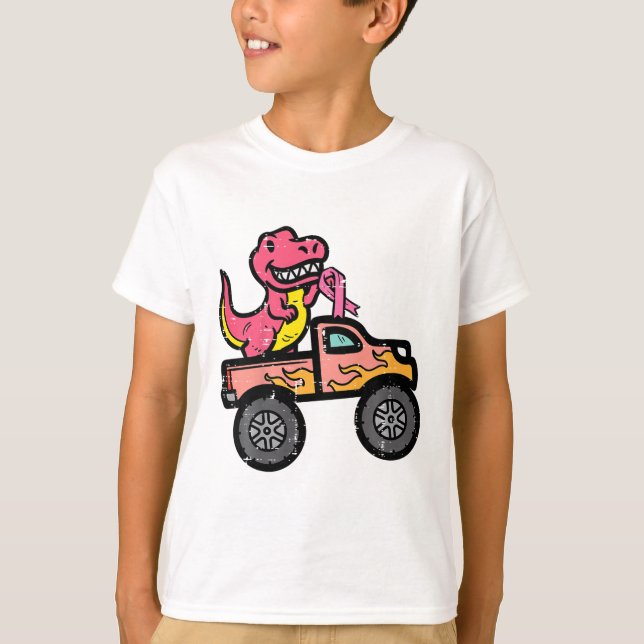 Kids Pink Dino Monster Truck Breast Cancer Awarene T-Shirt (Front)