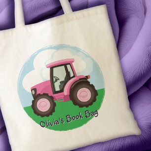 Kids Pink Farm Tractor Cute Girly Personalized Tote Bag