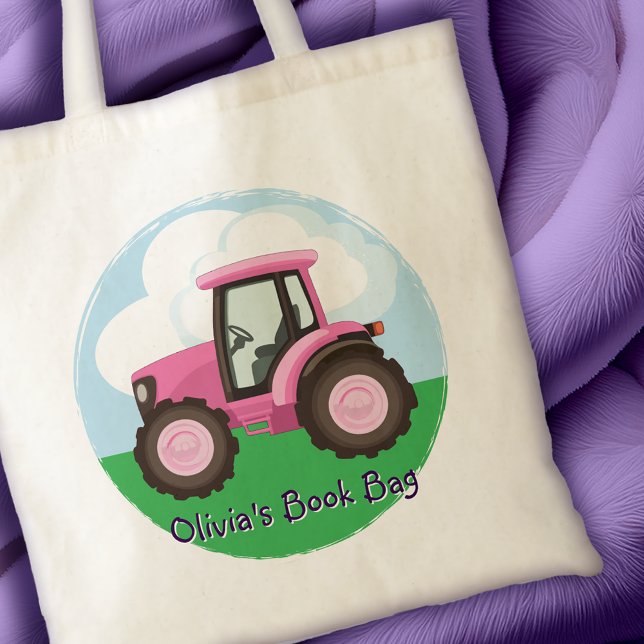 Kids Pink Farm Tractor Cute Girly Personalized Tote Bag (Kids Pink Farm Tractor Cute Girly Personalized Tote Bag)