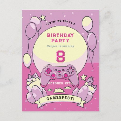 Kids pink gamesfest birthday invitation postcard