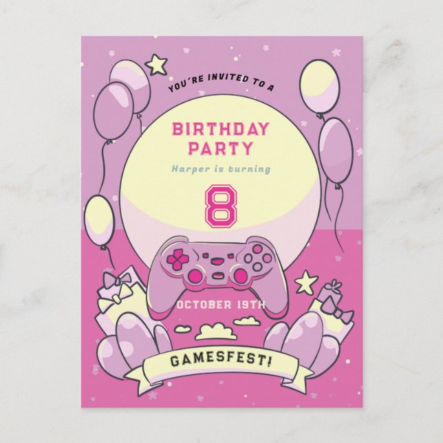 Kids pink gamesfest birthday invitation postcard (Front)