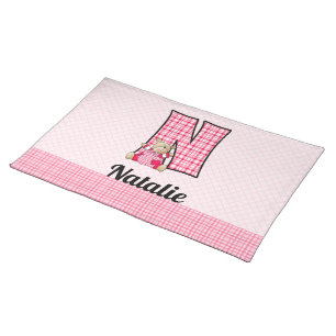 Kids Pink Gingham Monogram Letter N Placemat