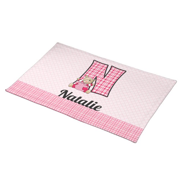 Kids Pink Gingham Monogram Letter N Placemat (On Table)