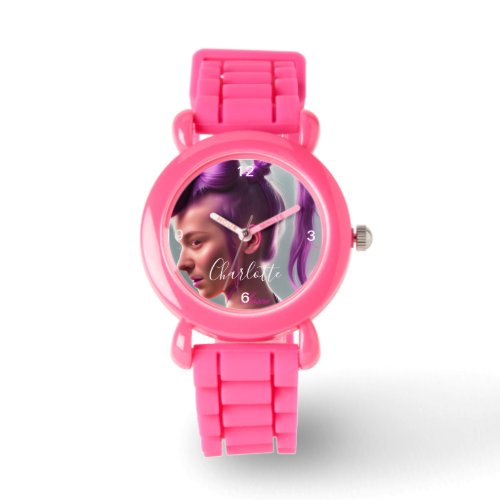Kids Pink Glitter Strap Cute Girl with Purple Hair Watch