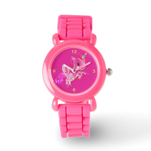 Kids Pink Glitter Strap Cute Winged Unicorn Watch