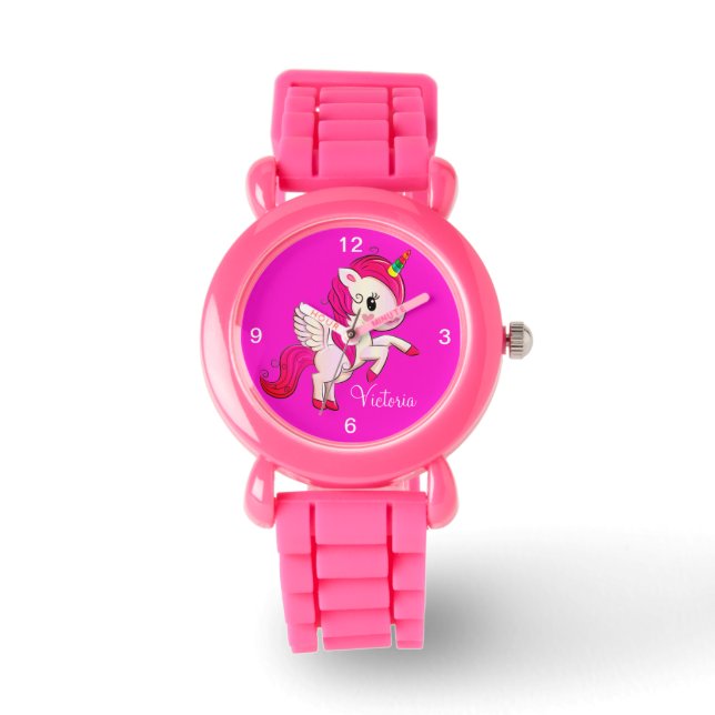 Kids Pink Glitter Strap Cute Winged Unicorn Watch (Front)