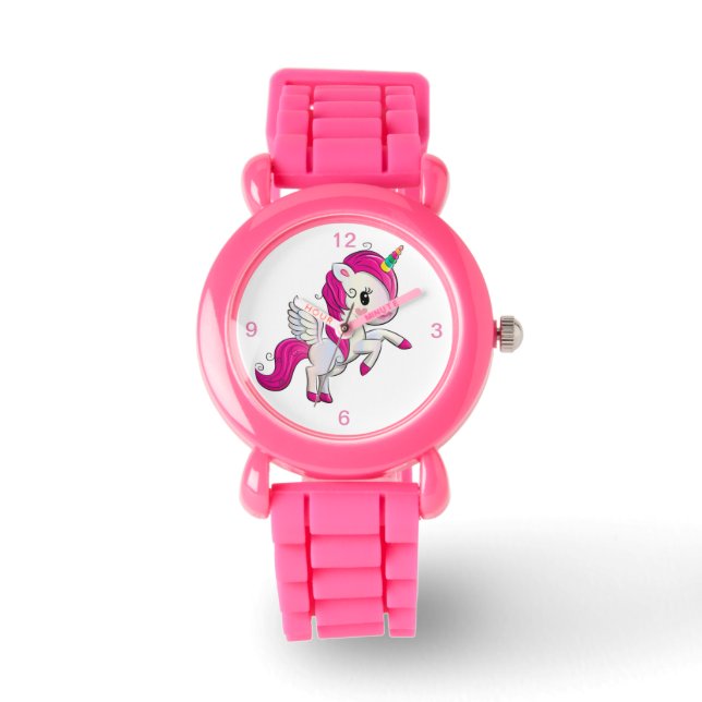 Kids Pink Glitter Strap Cute Winged Unicorn Watch (Front)