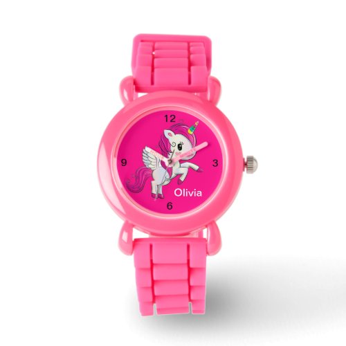 Kids Pink Glitter Strap Cute Winged Unicorn Watch