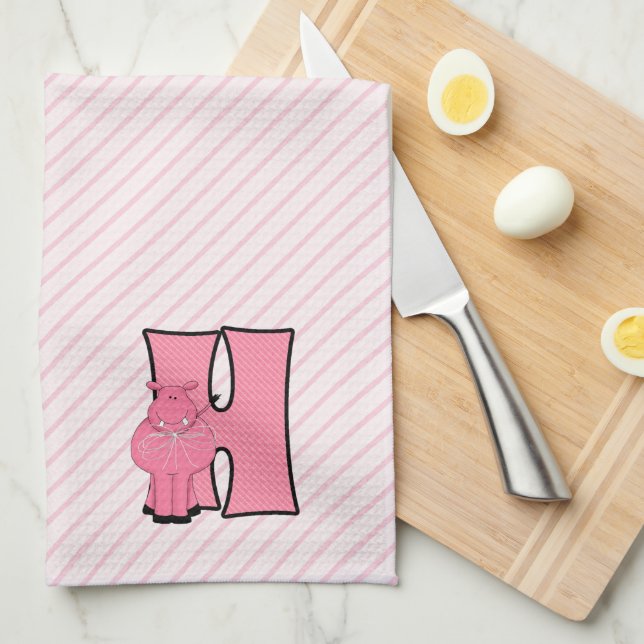 Kid's Pink Hippo Monogram Letter H Kitchen Towel (Quarter Fold)