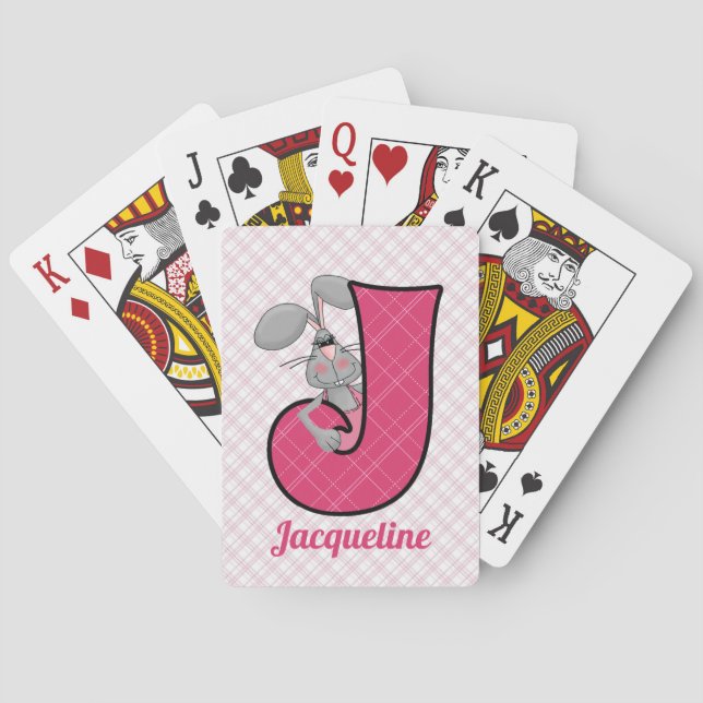 Kid's Pink Jackrabbit Monogram Letter J and Name Poker Cards (Back)