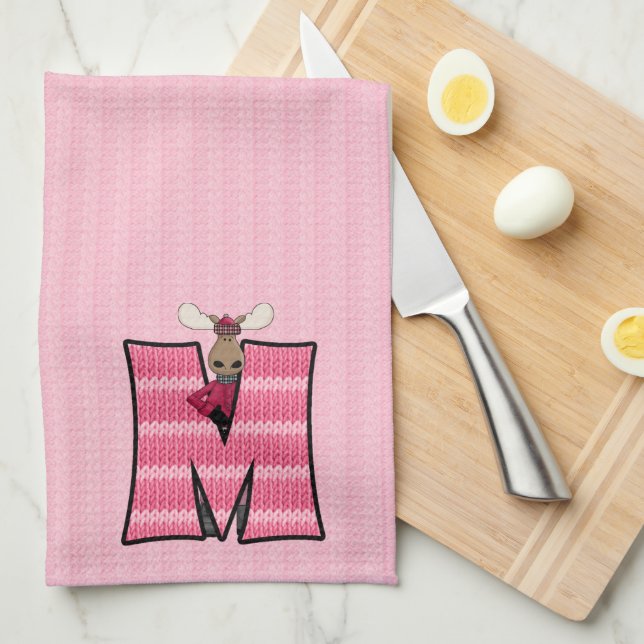 Kid's Pink Knit Print Monogram Letter M Towel (Quarter Fold)