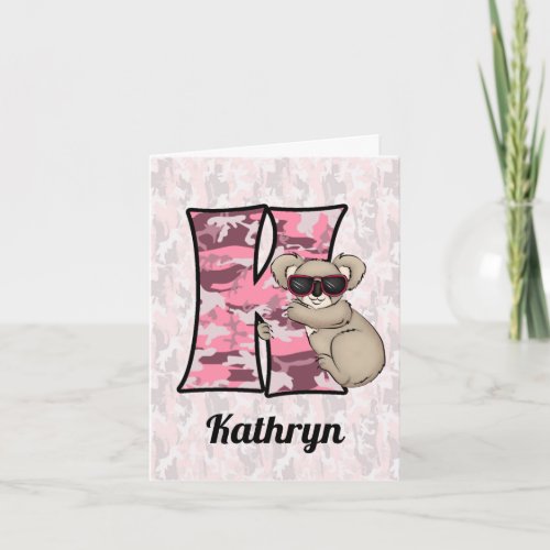 Kids Pink Koala Monogram Letter K Blank Note Card